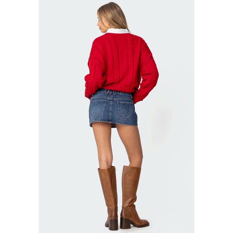 Embroidered Pocket Denim Mini Skirt BLUE XS