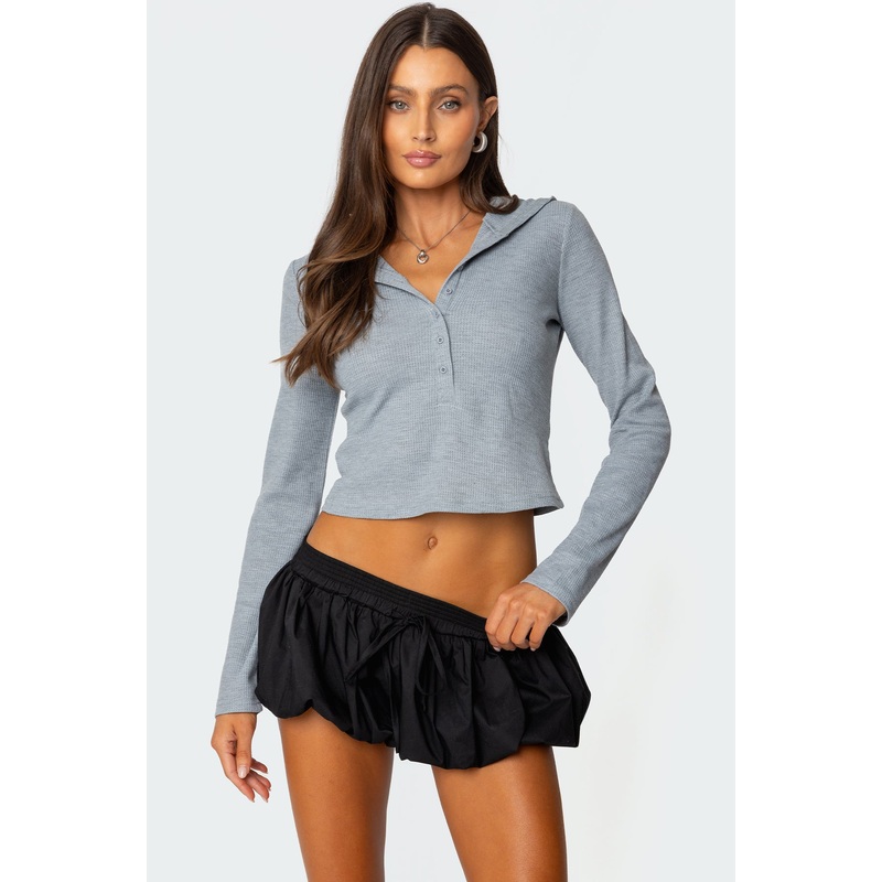 Hooded Henley Waffle Top GRAY MELANGE XS