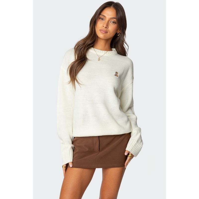 Puppy Love Embroidered Sweater WHITE XS