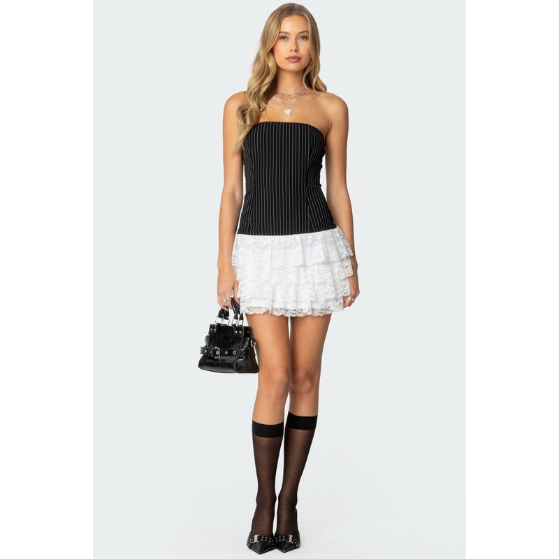 Strapless Pinstripe Ruffle Skirt Mini Dress BLACK AND WHITE XS