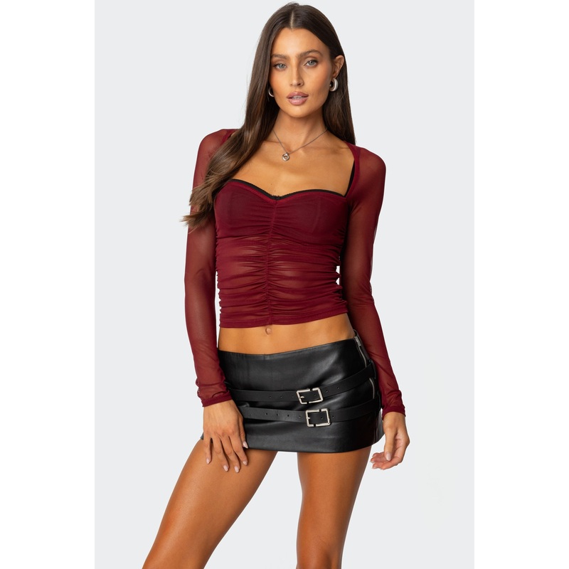 Tristina Ruched Mesh Bra Top BURGUNDY XS