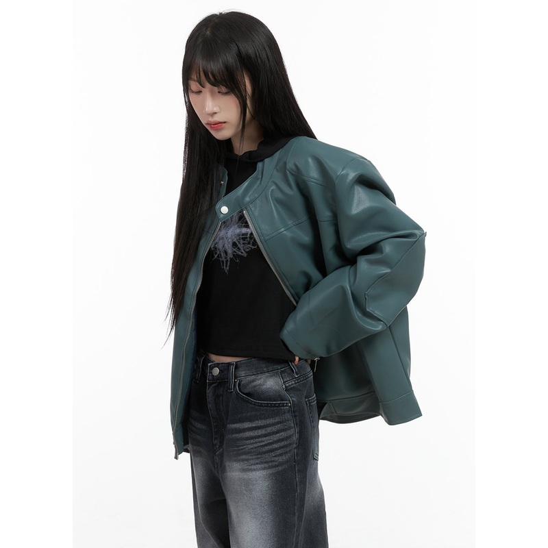 Chic Oversized Zip-Up Faux Leather Jacket CS419 Dark green S/M