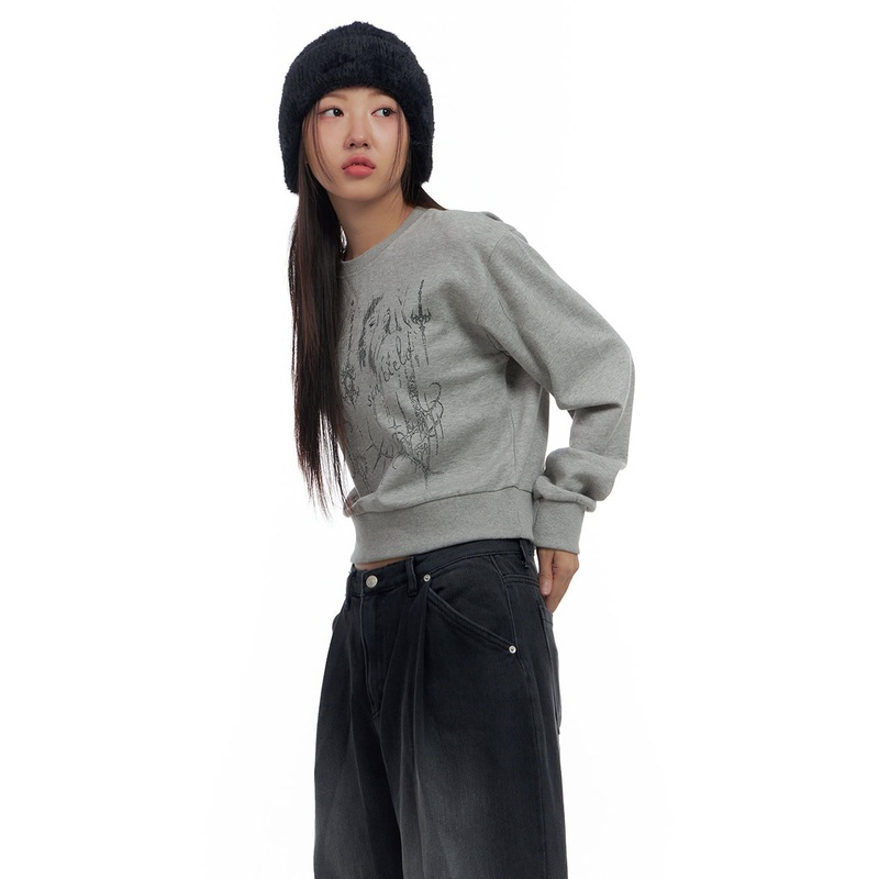 Cotton Graphic Crop Sweatshirt CS424 Gray S/M