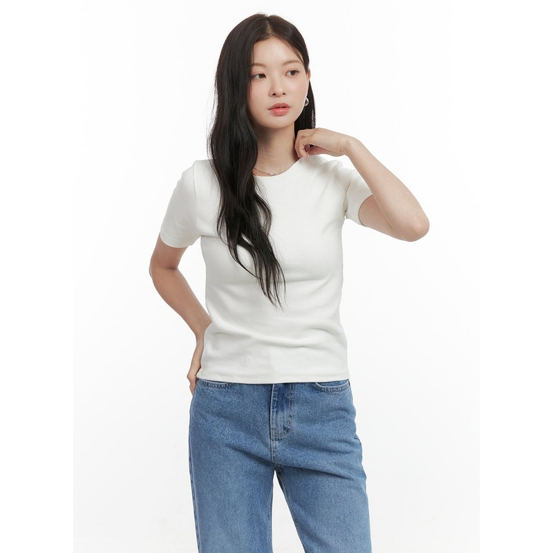 Cotton Slim Fit Round Neck Tee OS423 White S/M