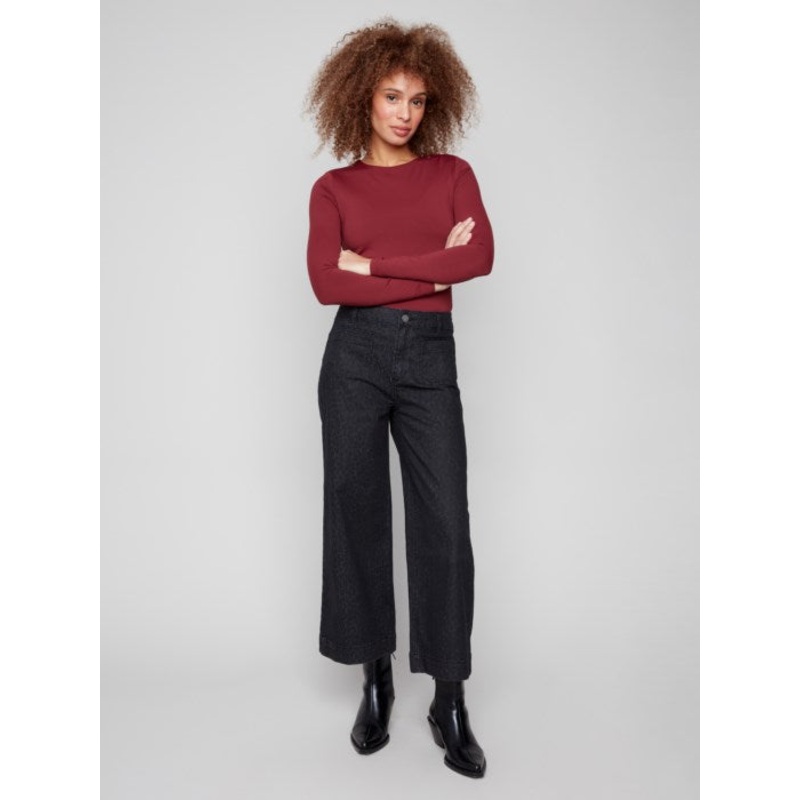 Cropped Patch Pockets Flare Jacquard Pants – Leopard & Black 0