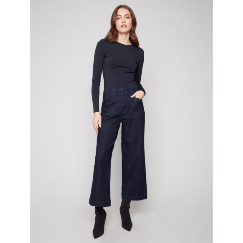 Cropped Wide Leg Stretch Denim Pant 0