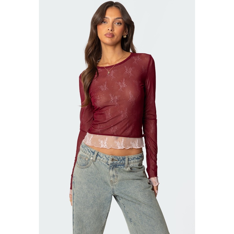 Lacey Sheer Mesh Crew Neck Top BURGUNDY XS