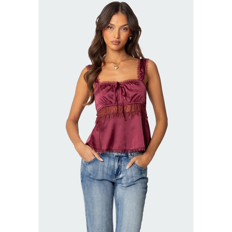 Loryn Lacey Satin Effect Top BURGUNDY XS
