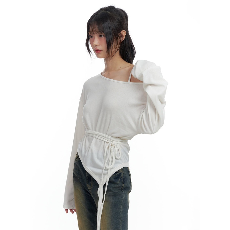 One-Shoulder Unbalanced Strap T-Shirt CS419 Light beige S/M