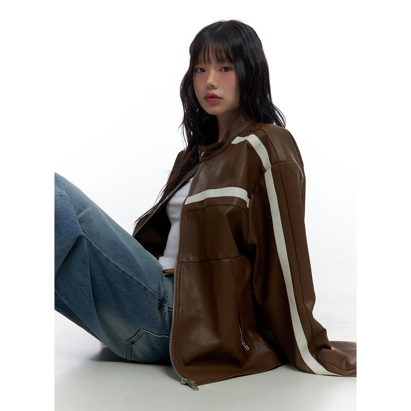 Trendy PU Leather Oversized Jacket CS420 Brown S/M