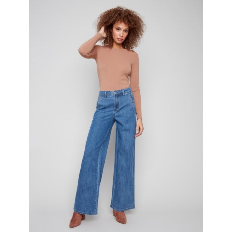 Wide Leg Stretch Denim Pants With Slash Pockets – Classic Denim Classic Blue 2