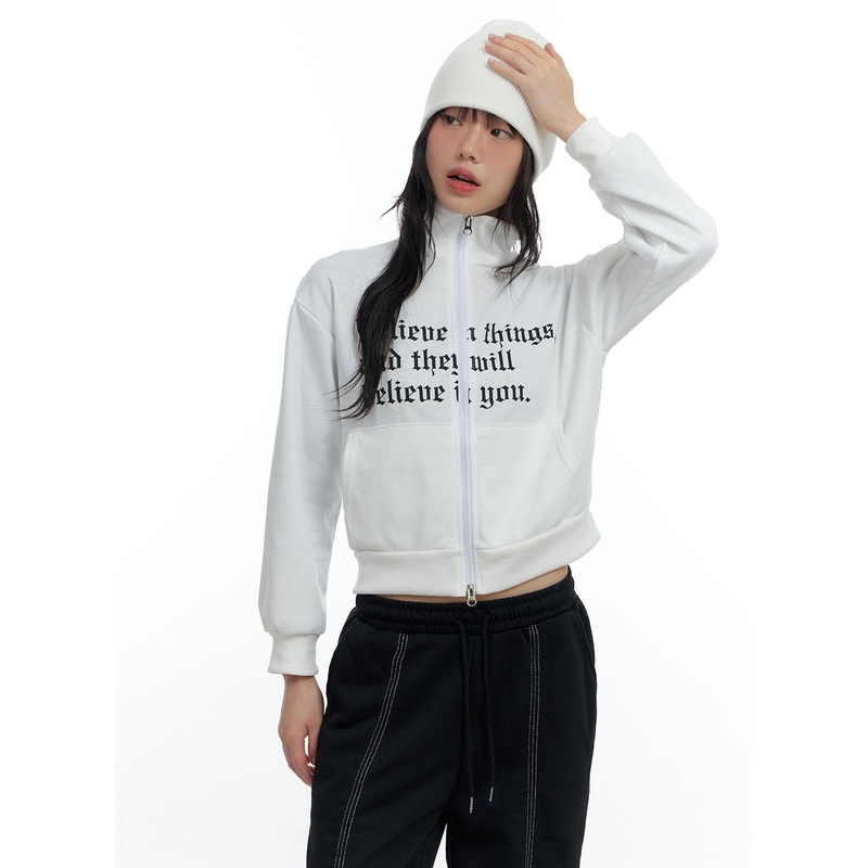Zip-Up Cotton Lettered Sweatshirt CS420 White S/M