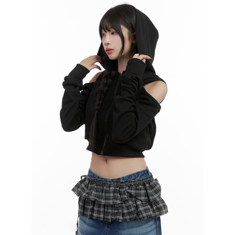 Zip-up Cut Out Crop Hoodie CS419 Black S/M