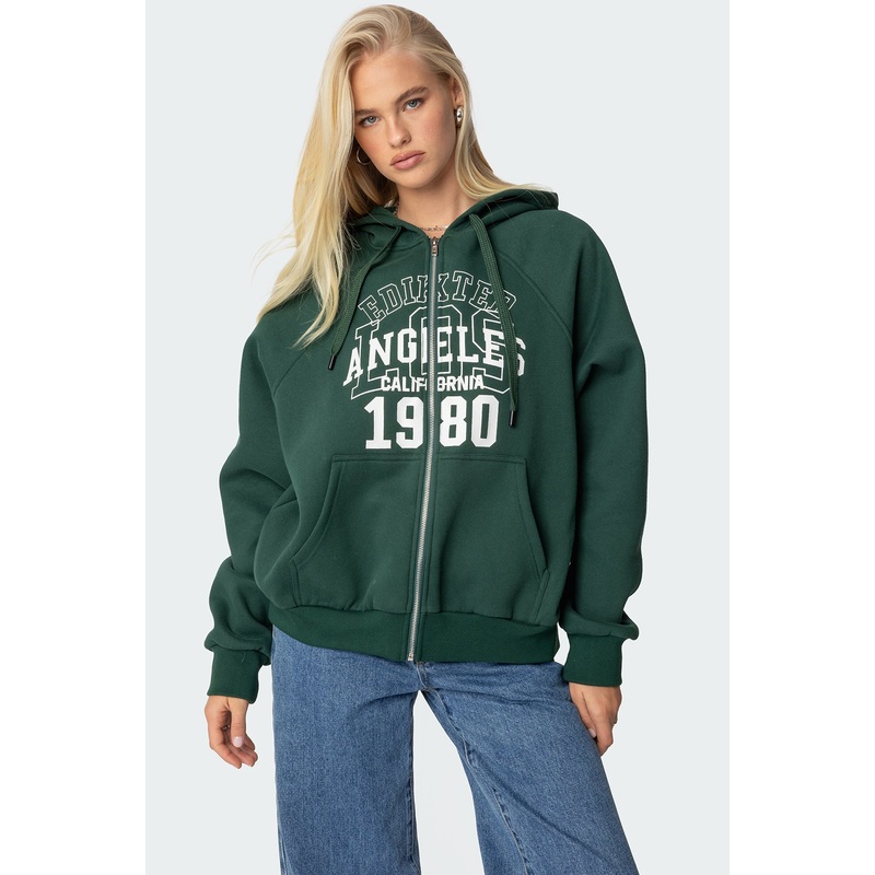 1980 Oversized Zip Up Hoodie DARK GREEN XS