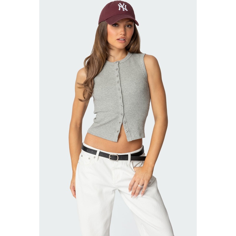 Basel Button Up Tank Top GRAY MELANGE XS