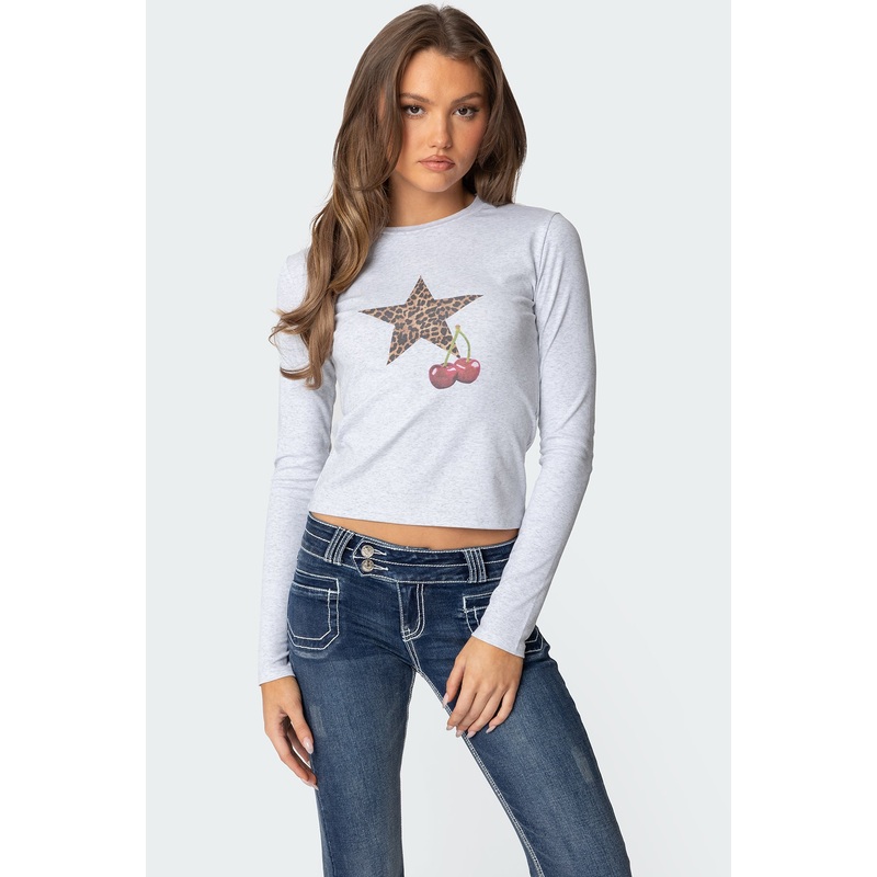 Cherry Leopard Star Long Sleeve T Shirt GRAY MELANGE XS
