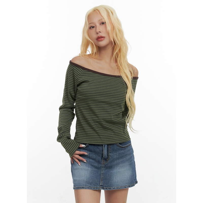 Chic Striped Off-Shoulder Long Sleeve  CS425 Green S/M