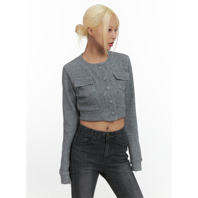 Classic Fit Button Pocket Crop Cardigan CS426 Gray S/M
