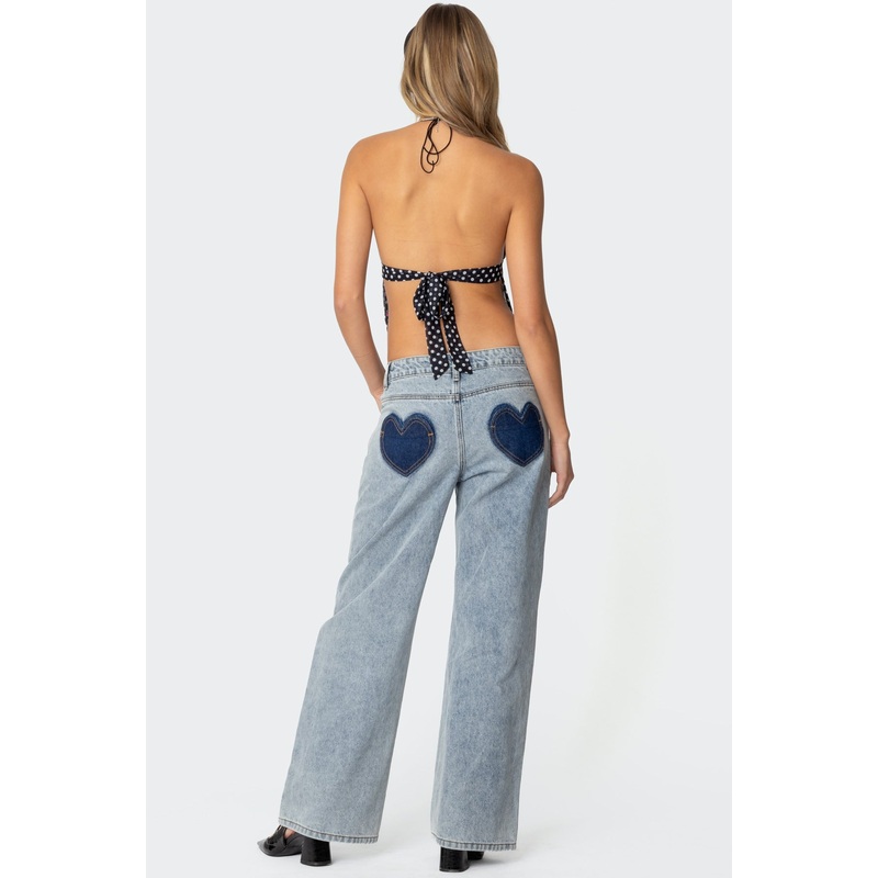 Contrast Heart Washed Low Rise Jeans BLUE WASHED XS