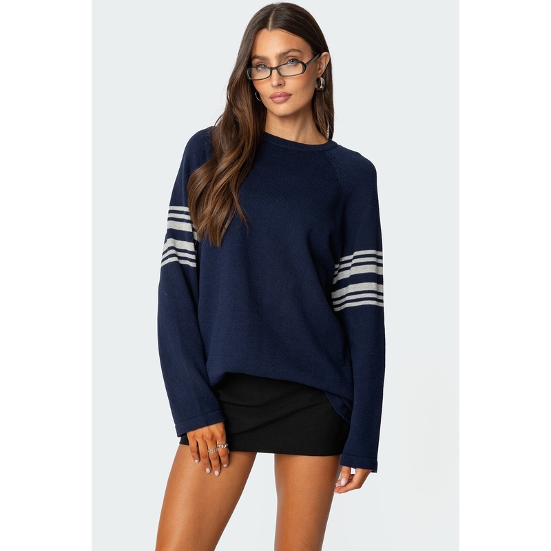 Contrast Stripe Oversized Knit Top NAVY XS