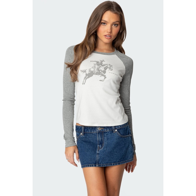 Cowboy Raglan Long Sleeve T Shirt GRAY AND WHITE XS