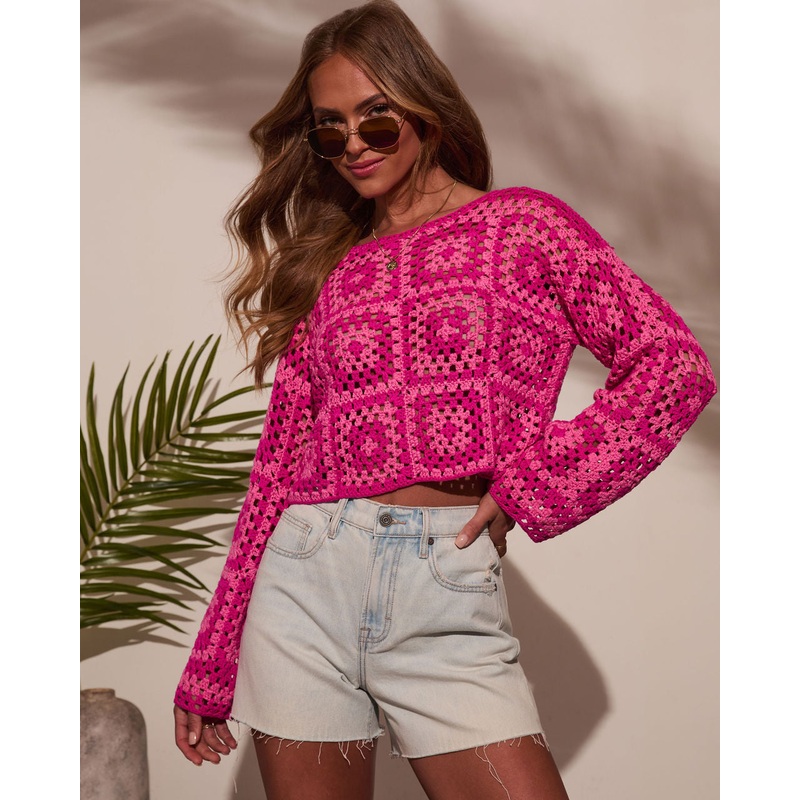 Elisa Knit Crochet Long Sleeve Top Pink XS
