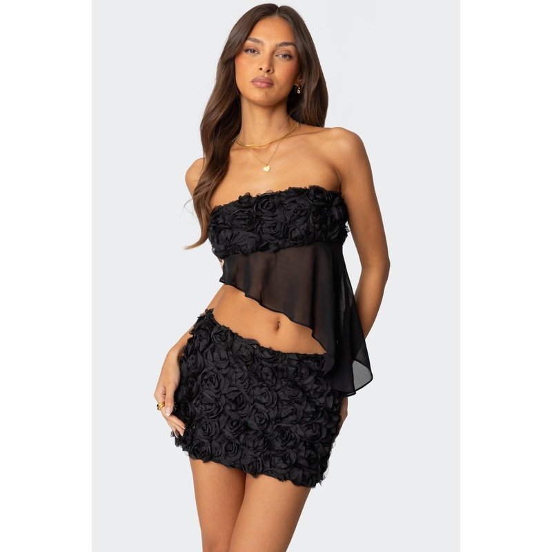 Nya Asymmetric Chiffon Flower Top BLACK XS