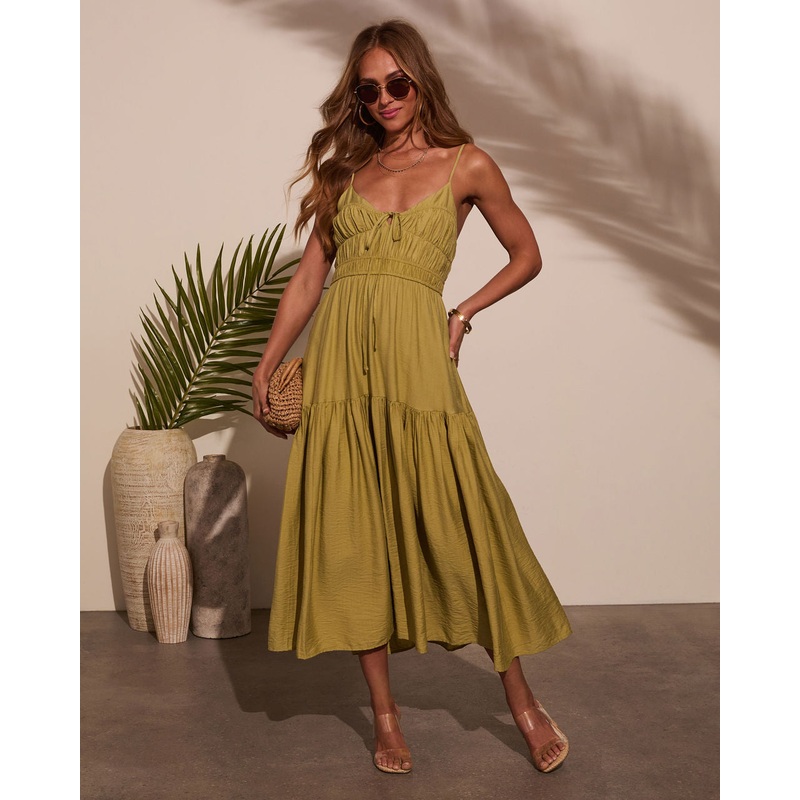 Riviera Romance Ruched Tiered Midi Dress Kiwi S