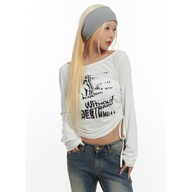 Shirred Graphic Print Long Sleeve CS426 Light beige S/M