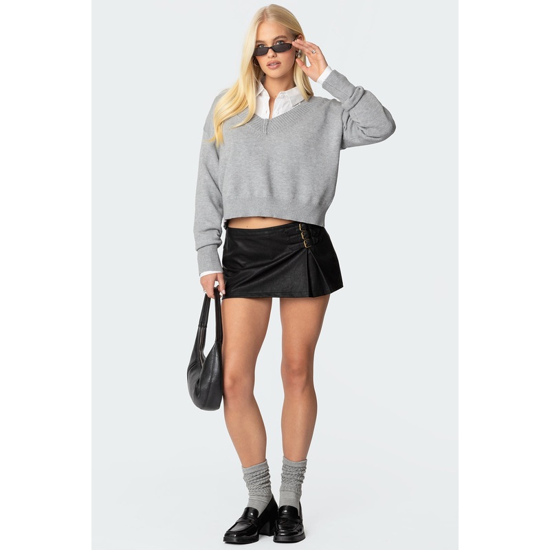 Triple Belt Faux Leather Mini Skort BLACK XS