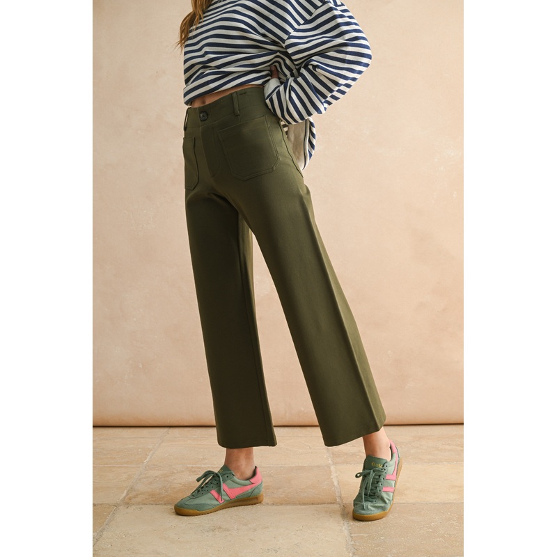Cropped Wide Leg Ponte Fabric Pant – Olive Green Small