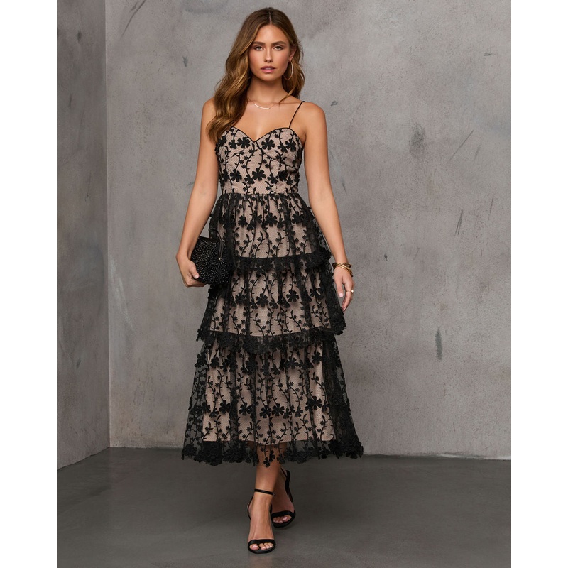 Enchanted Night Tiered Embroidered Midi Dress Black XS