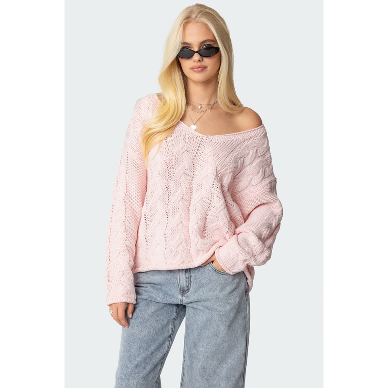 Inga Oversized Cable Knit Sweater LIGHT PINK XS
