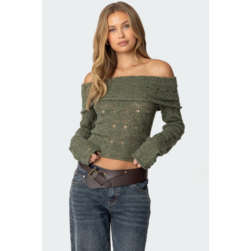 Kenna Fold Over Knit Top GREEN XS