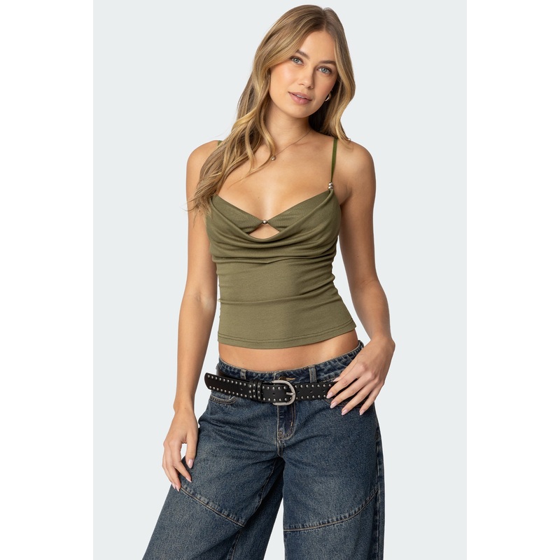 Layered Bra Cowl Neck Top GREEN XS