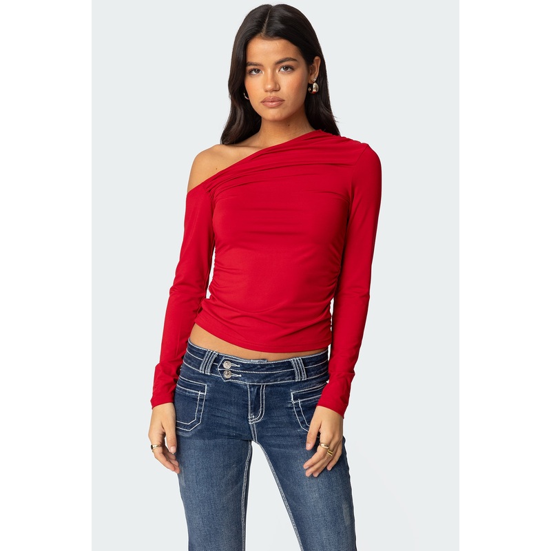 Ronnie Asymmetric Long Sleeve Top RED XS