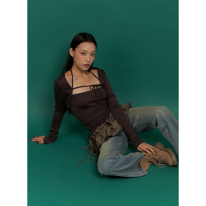 Solid Strap Bolero Cardigan and Cami Set IS427 Dark brown S/M