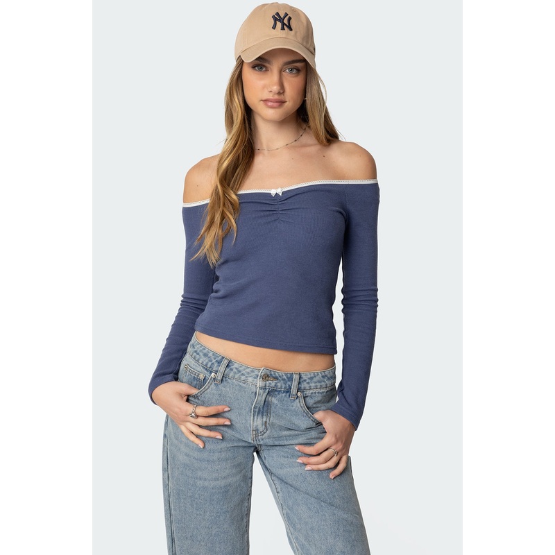 Tal Ruched Off Shoulder Top NAVY XS