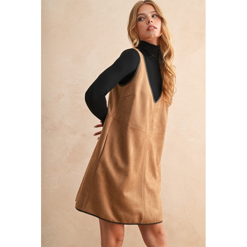 V Neck Suede Dress – Mocha Small