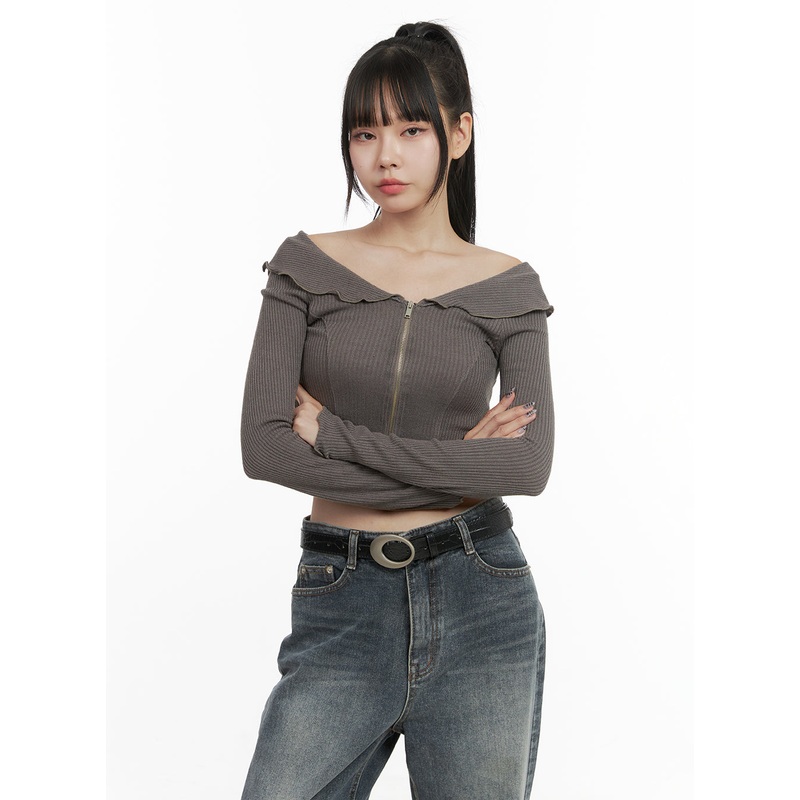 Zipper Off-Shoulder Ribbed Top OO401 Brown S/M