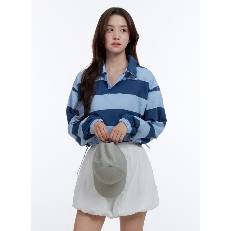 Adjustable Crop Stripe Sweatshirt OO407 Light blue S/M