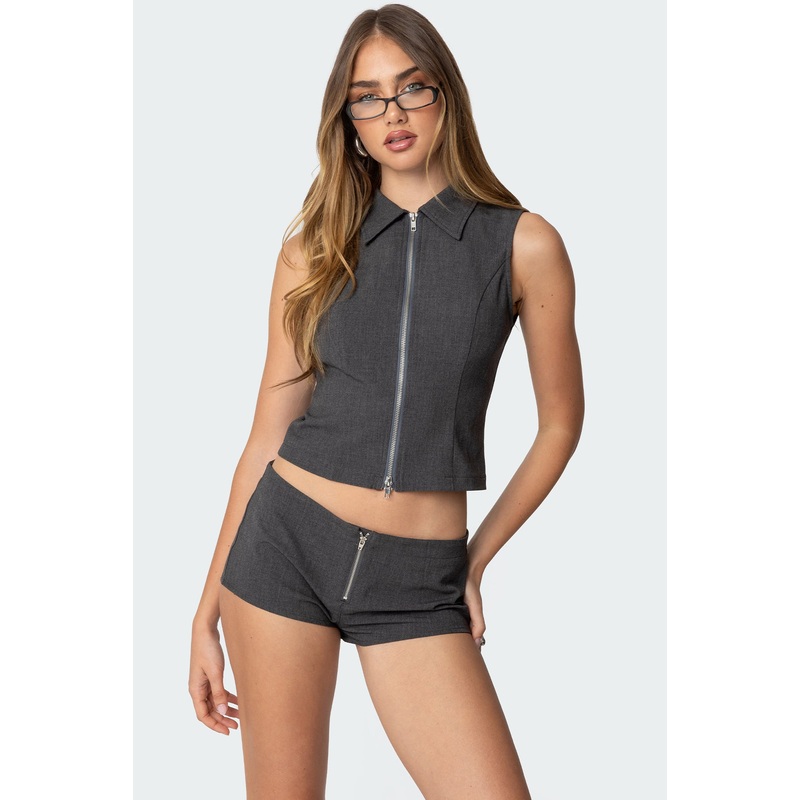 Allie Collared Zip Up Top DARK GRAY XS
