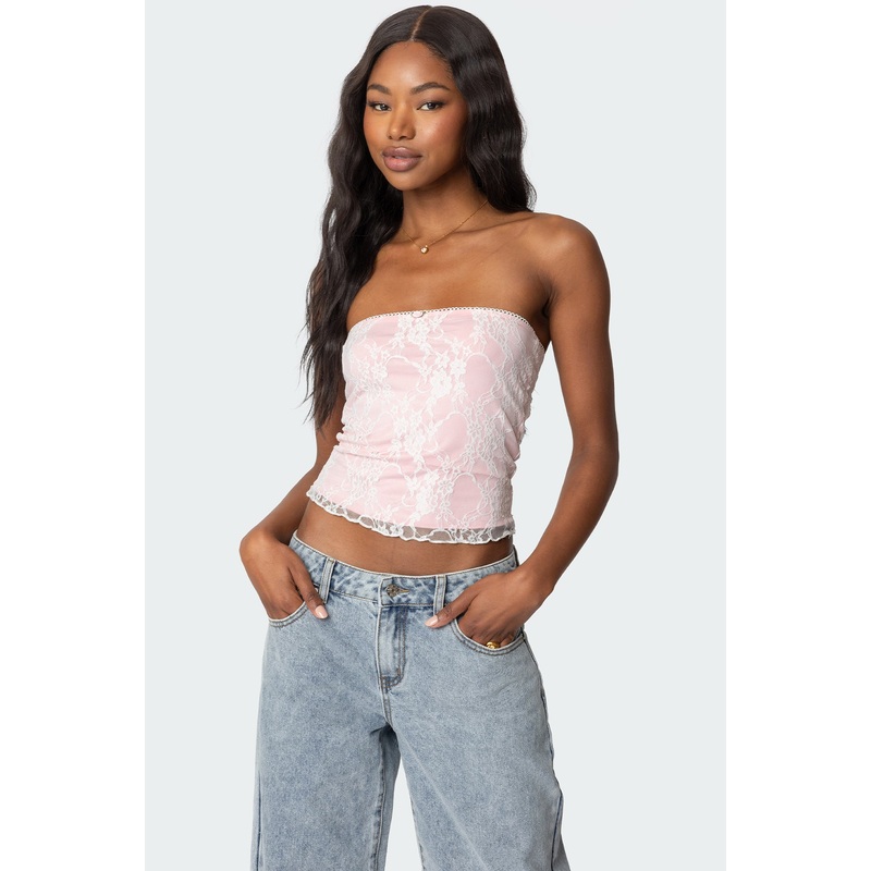 Allison Lace Tube Top WHITE AND PINK XS