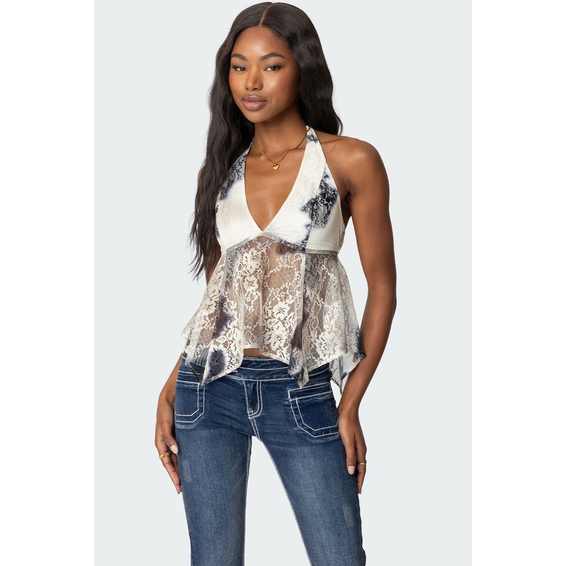 Asymmetric Printed Lace Halter Top MIX XS