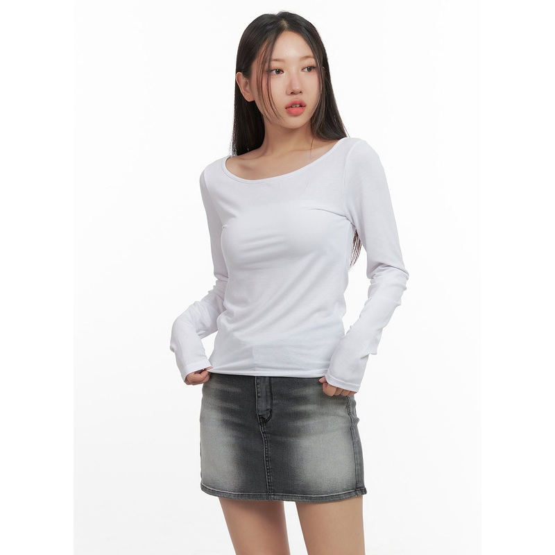 Basic U-Neck Long Sleeve Tee CO404 White S/M