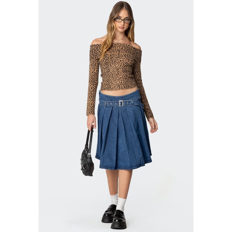 Belted Pleated Denim Midi Skirt BLUE XS