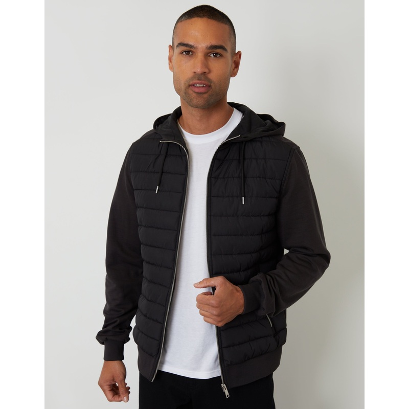 Black Quilted Hybrid Hooded Jacket Black S