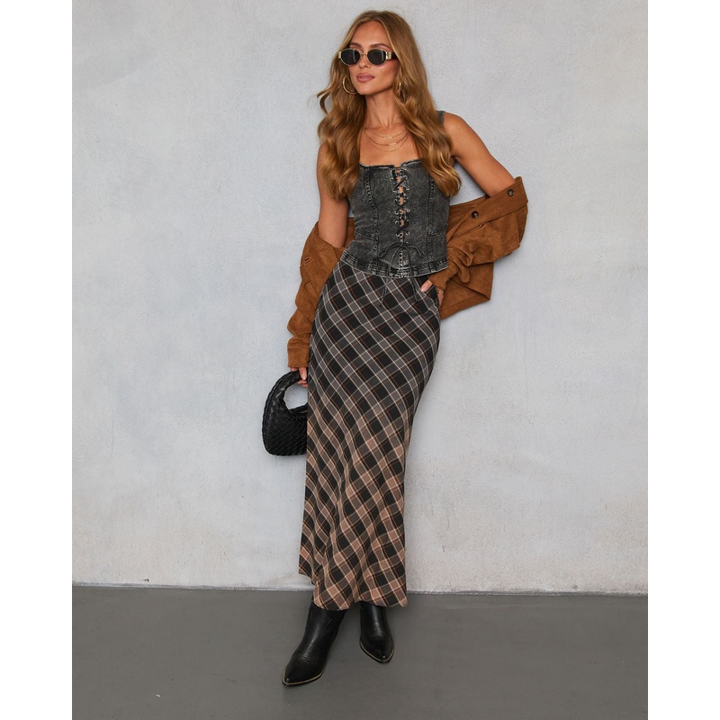 Bronzed Harvest Plaid Maxi Skirt Black XS