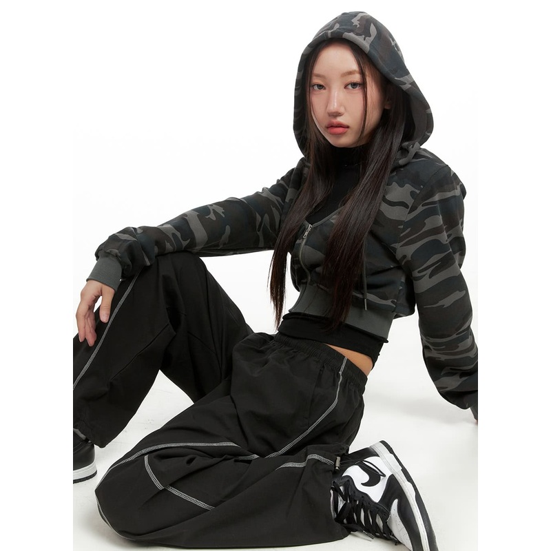 Camo Cropped Hoodie Zip-up CO402 Black S/M