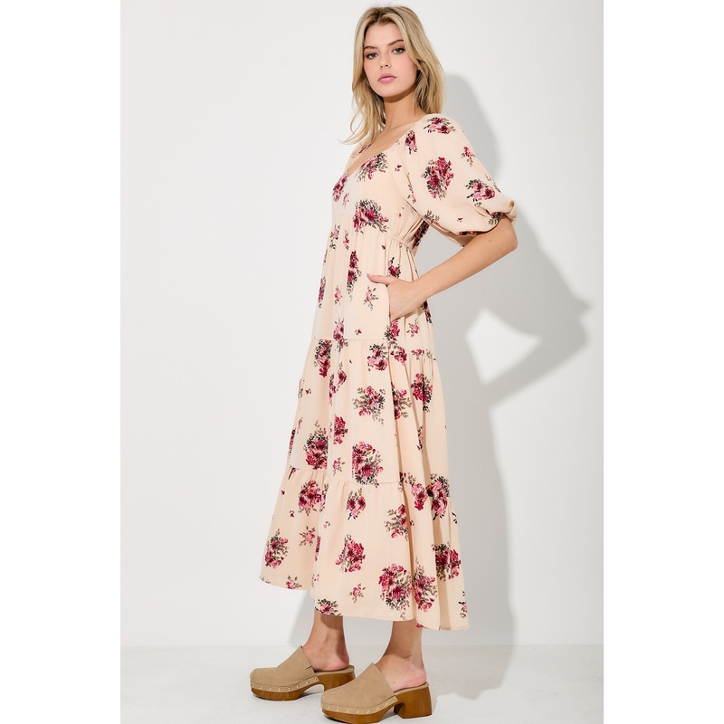 Floral Print Midi Dress – Beige Small